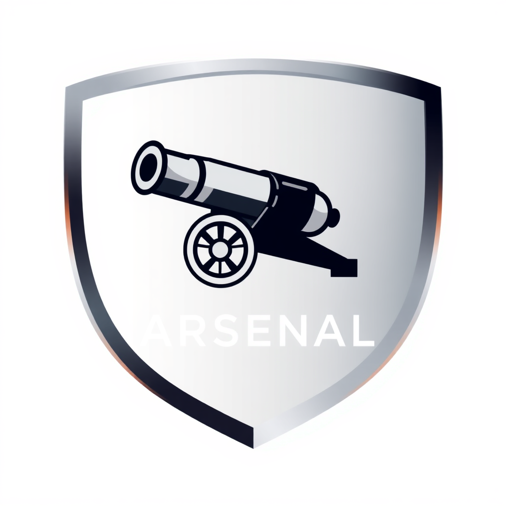 A minimalist, angular cannon silhouette integrated into a sleek, slightly asymmetrical shield. The word 'ARSENAL' in a custom, sharp sans-serif typeface beneath or subtly incorporated into the shield's border, using a metallic gradient with a single bright accent color.