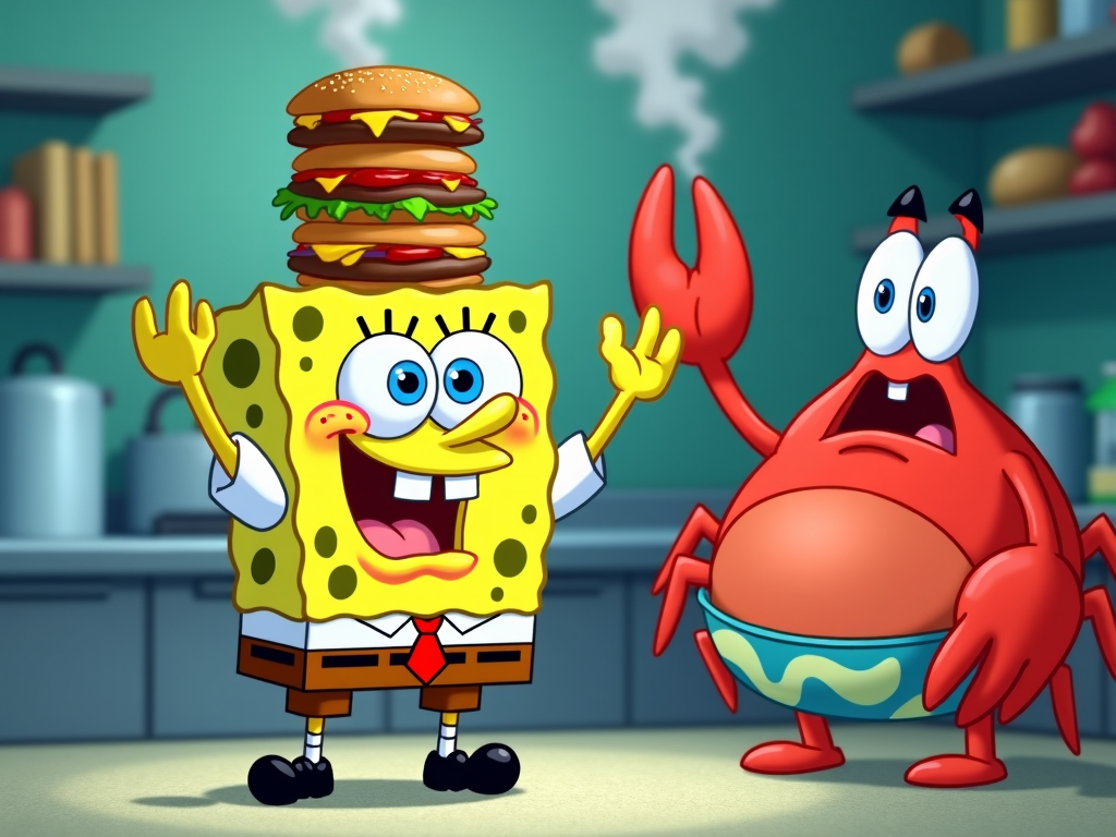 SpongeBob posing proudly with a perfect Krabby Patty stack, steam wafting upwards as Mr. Krabs watches approvingly.