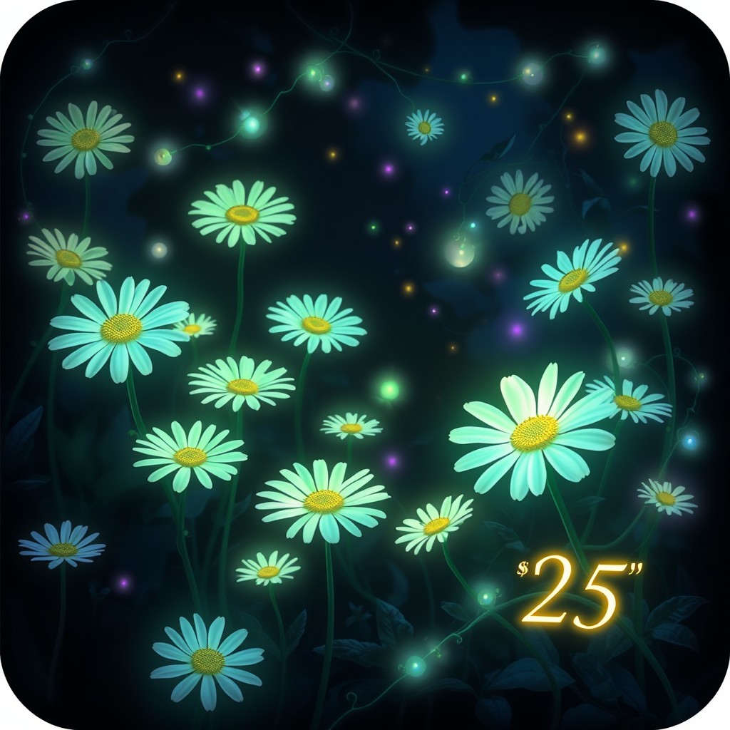 Whispering Night Garden: A scene with multiple bioluminescent daisies of varying sizes scattered across a dark, mysterious garden background, interconnected by glowing vines and ethereal light particles. 'EDC '25' is elegantly woven into this Nocturnal Garden, perhaps as glowing script on a winding vine or nestled among the flora.