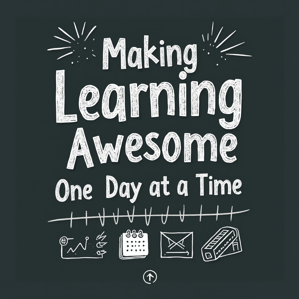 A design using a chalkboard aesthetic. The phrase 'Making Learning Awesome' is written in a fun, chalk-style font, with 'One Day at a Time' depicted as tick marks, a small calendar, or a series of small, inspiring icons.