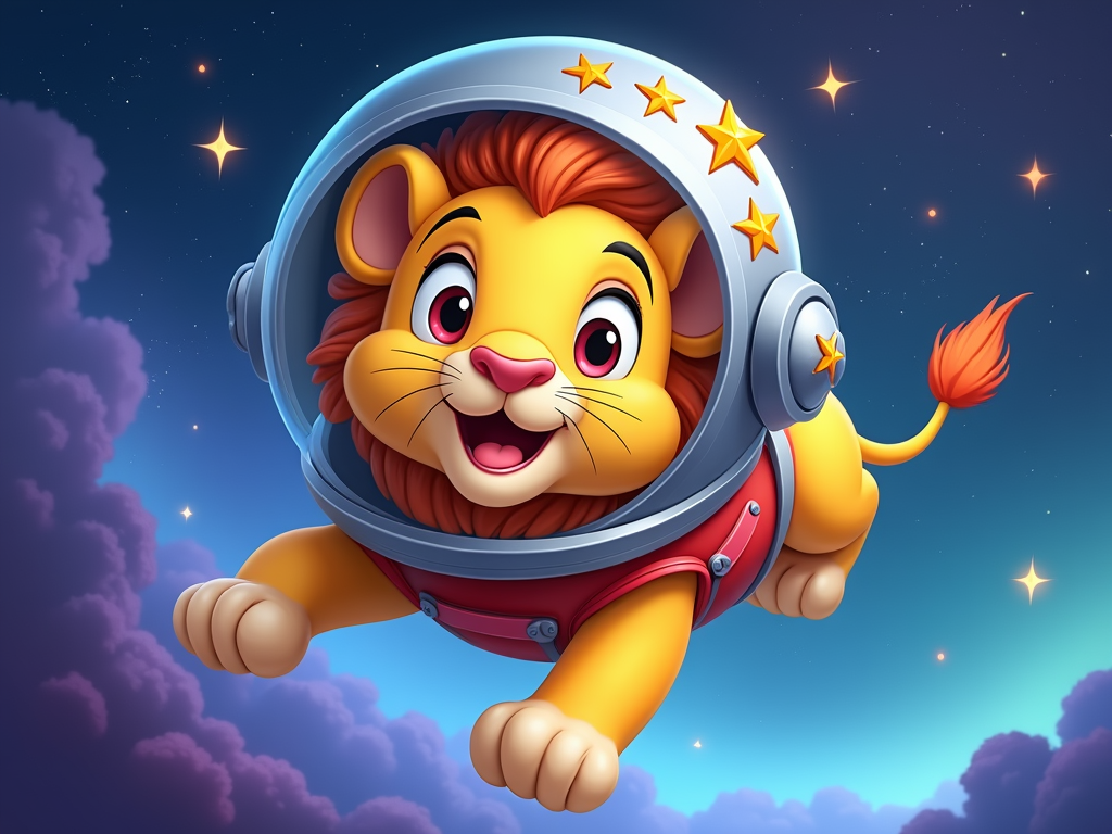 A cute lion with a big, round head, wearing an oversized space helmet with stars on it.