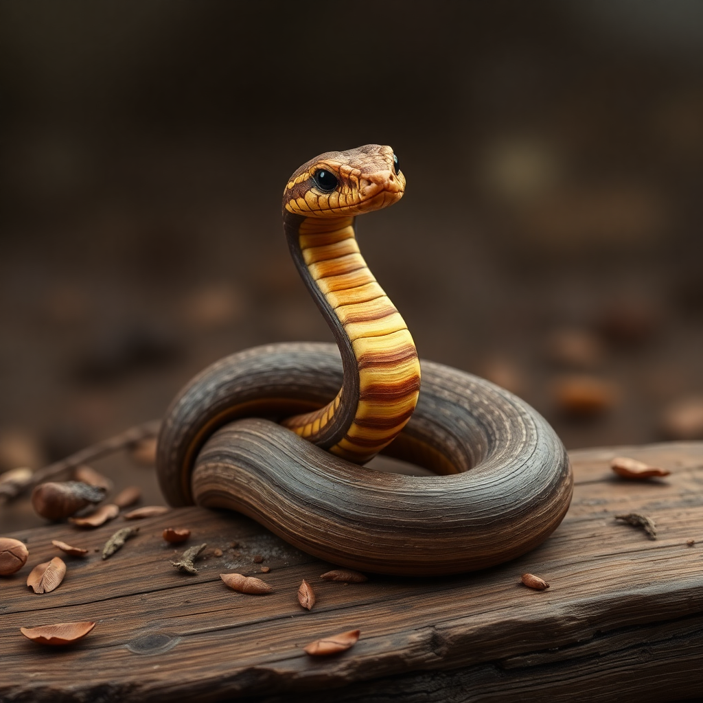 The image is a close-up of a snake coiled up on a wooden surface. The snake is facing towards the right side of the image, with its head turned slightly to the left. Its body is elongated and its head is turned slightly upwards, as if it is looking directly at the camera. The body of the snake is a dark brown color with lighter brown stripes running along its length. The stripes are evenly spaced and run diagonally across its body. The background is blurred, but it appears to be a wooded area with fallen leaves scattered around. The lighting is soft and natural, highlighting the snake's features.