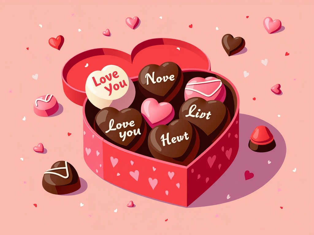 A heart-shaped chocolate box with various chocolates inside, some with heart shapes and some with messages like 'Love You'.