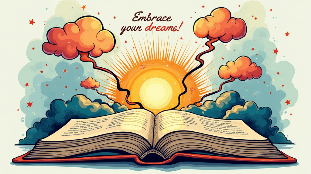 An open book with abstract thought bubbles or pathways emerging from its pages, leading to a stylized depiction of a bright future (e.g., a rising sun or distant stars). Text placed strategically around the imagery.