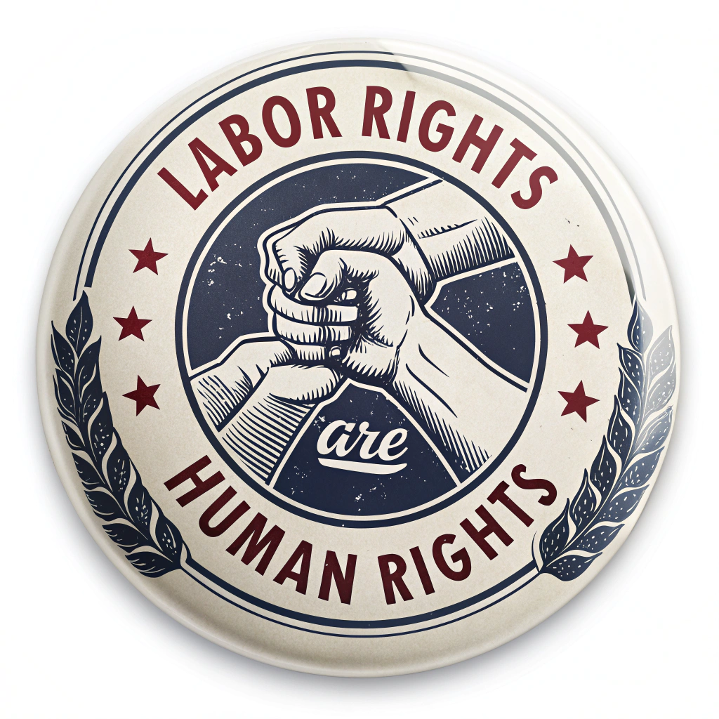 Design 4: A circular sticker mimicking an old union button/badge. Feature clasped hands or a factory silhouette in the center. Use typography reminiscent of the early 20th century. Text: 'Labor Rights Are Human Rights'.