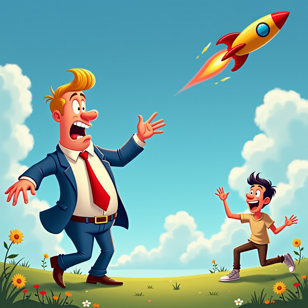 A humorous portrayal of Donald Trump attempting to catch a runaway model rocket, launched by a gleeful Elon Musk, both in a zany cartoon style.