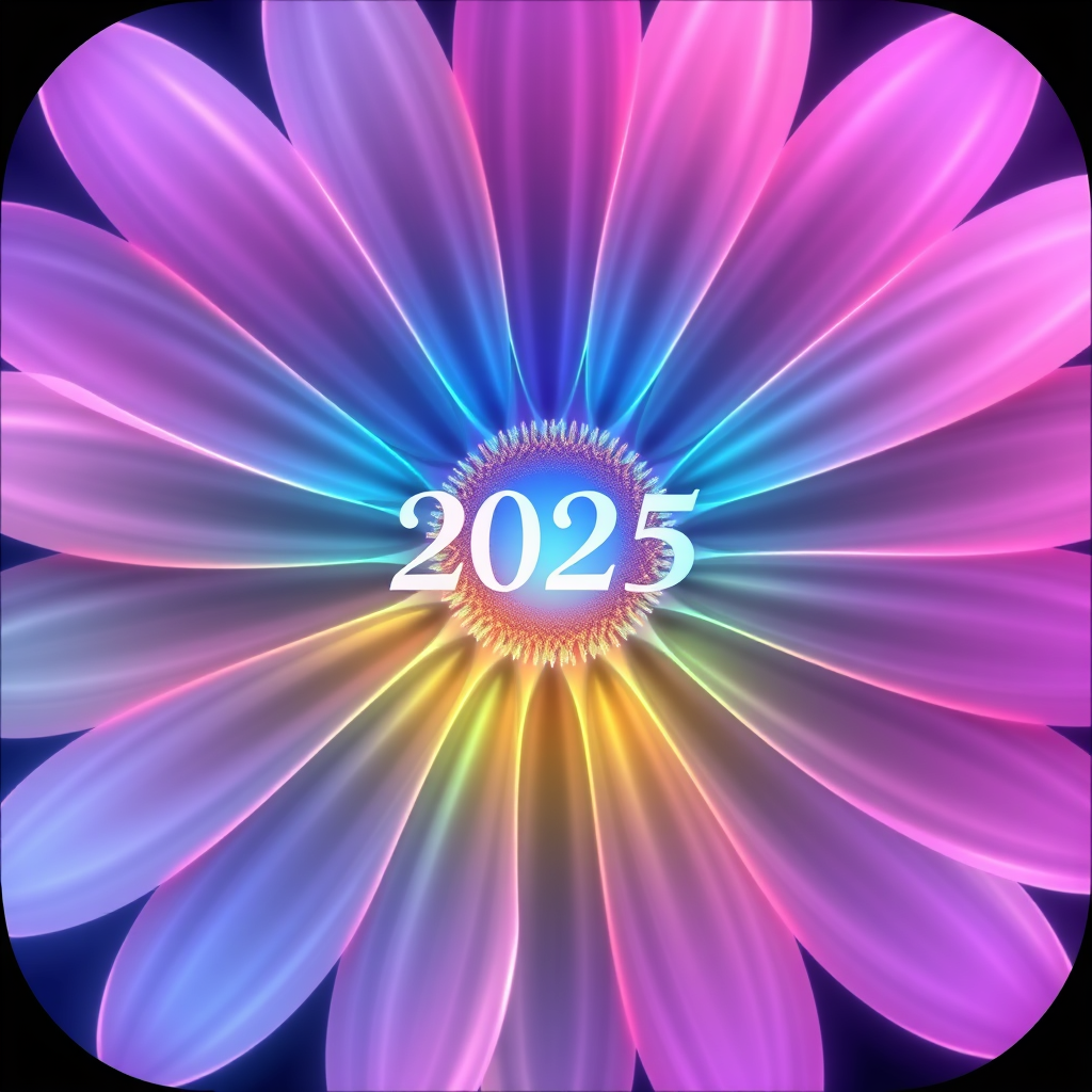 Aurora Core Daisy: The center of the daisy is a brightly glowing core that emits flowing, aurora-like tendrils of light, forming the petals. These tendrils shimmer through the spectrum colors with a soft, rhythmic pulsing effect. '2025' appears in a flowing, ethereal font, perhaps integrated with the light tendrils.