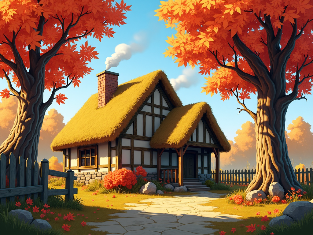 A quaint cottage surrounded by towering trees displays an array of red, orange, and yellow foliage under a clear blue sky.