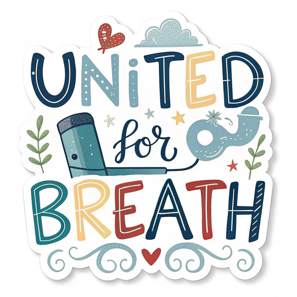 Sub Design Idea 4: For a sticker, develop a typographic approach where the words 'United for Breath' are arranged creatively, possibly with an inhaler or a lung symbol replacing one of the letters or integrated within the design.