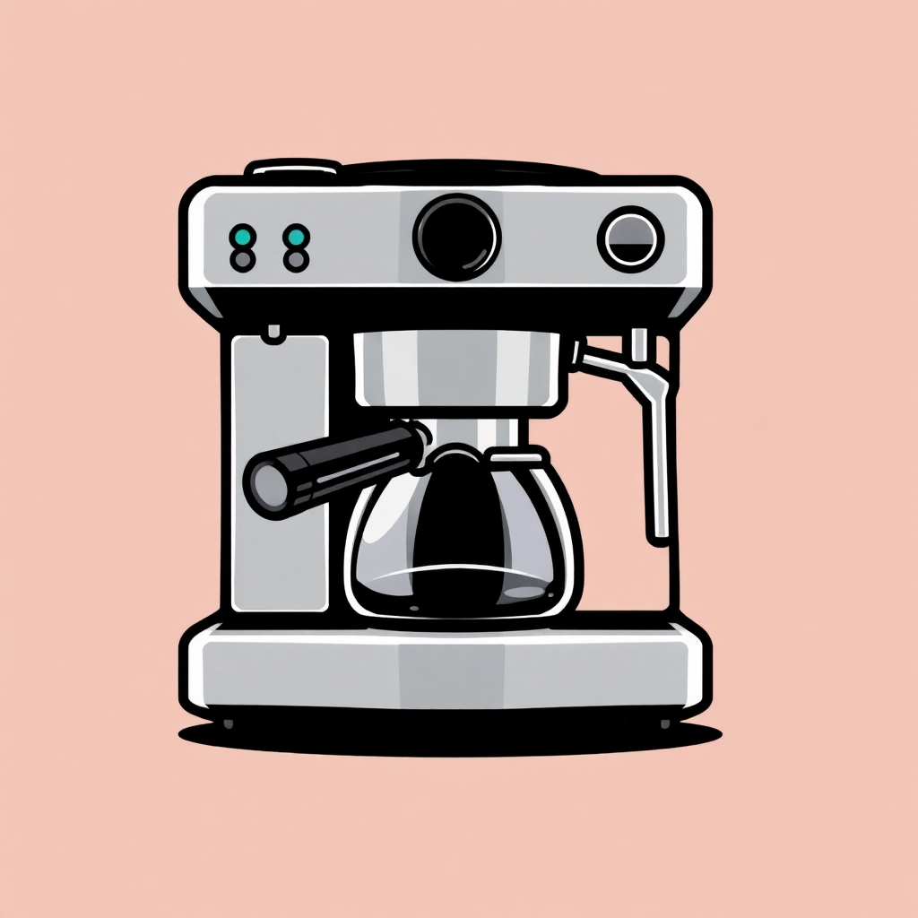 The image is a digital illustration of a coffee machine. It is a modern and sleek design with a silver body and a black handle on the right side. The top of the machine has two knobs for adjusting the temperature and other settings. On the left side, there is a control panel with the number 88 on it. In front of the control panel, there are two coffee pots, one with a black lid and the other with a white lid. The coffee pot is placed on a black base. The background is a light peach color.