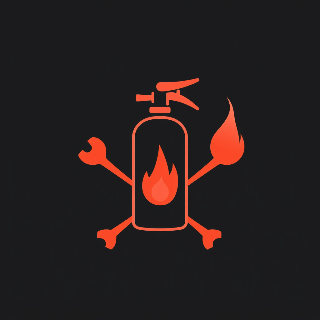 A fire extinguisher crossed with a flame symbol, much like a skull and crossbones, indicating danger and safety.