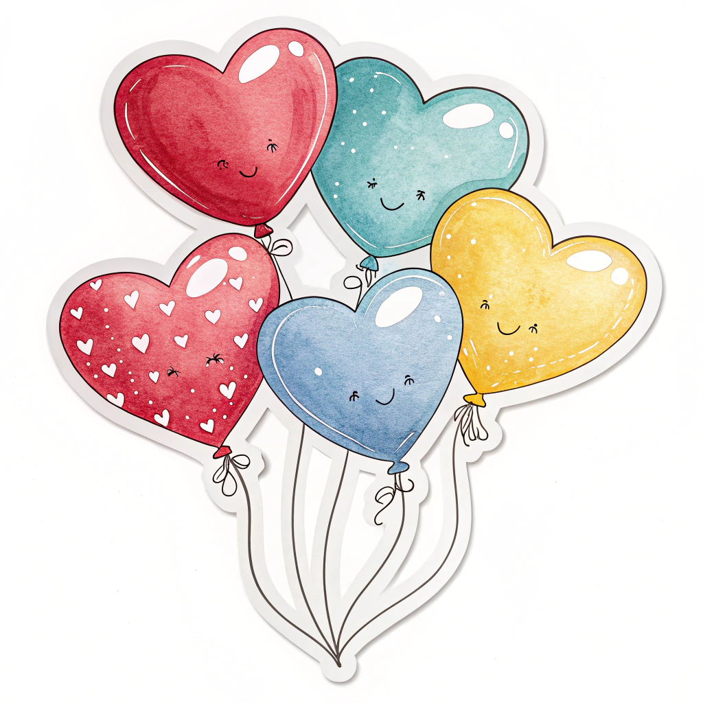 A set of mini heart balloon stickers in various colors, with a glossy finish.