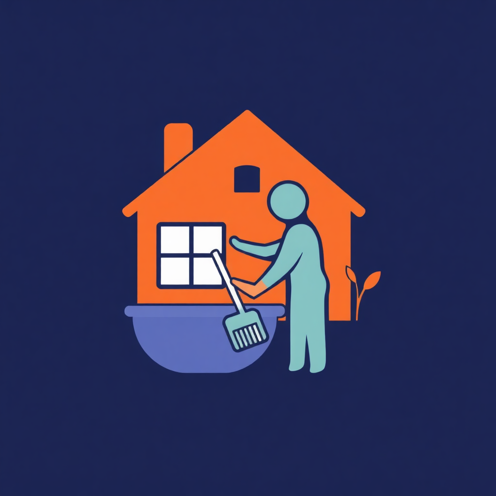 The image is an illustration of a person cleaning a house. The house is orange in color and has a chimney on the left side. The person is standing in front of the house and is holding a broom and a dustpan. They are wearing a blue outfit and appear to be in the process of cleaning the windows. There is a small plant on the right side of the image. The background is dark blue.