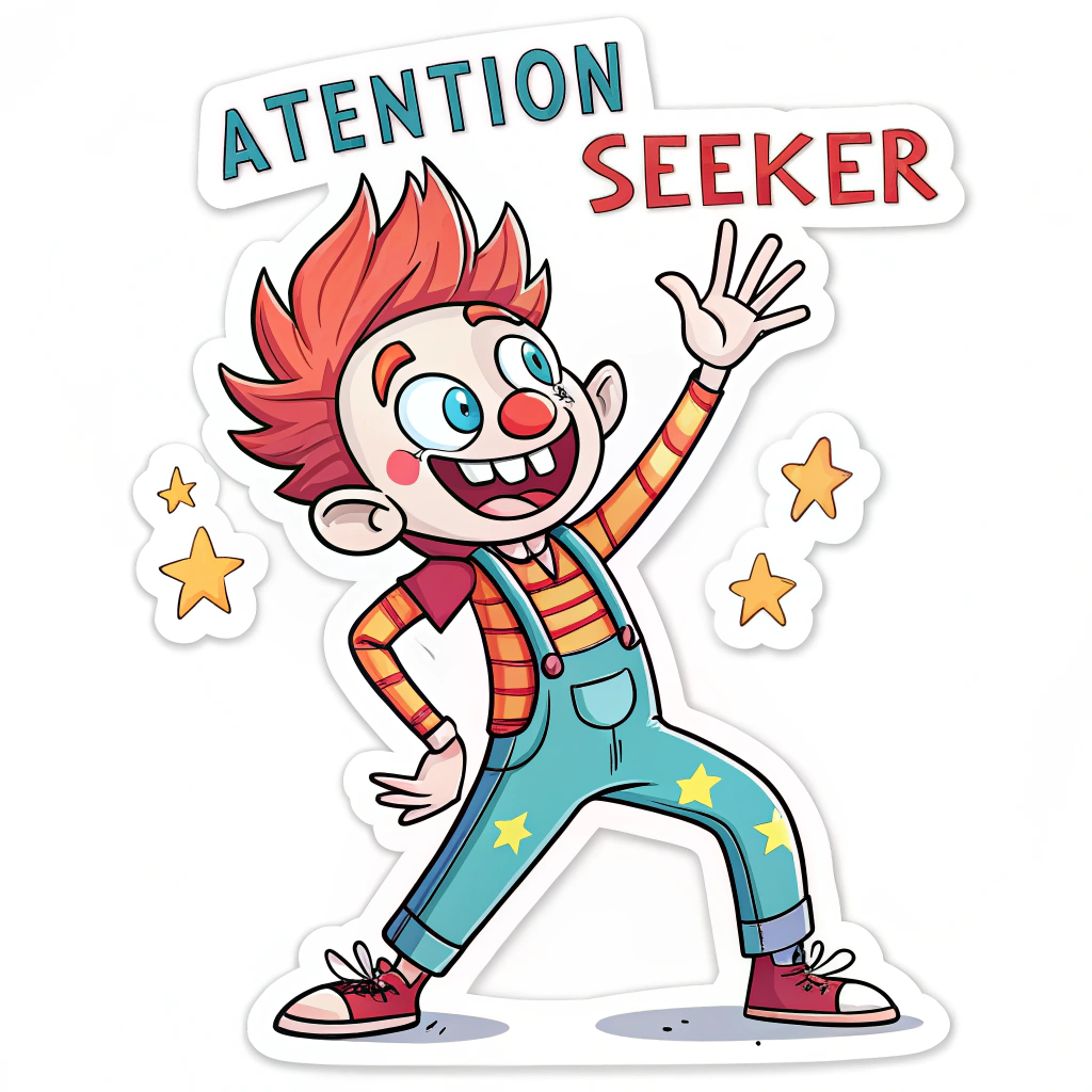 The image shows a cartoon clown with red hair and a sign that reads 