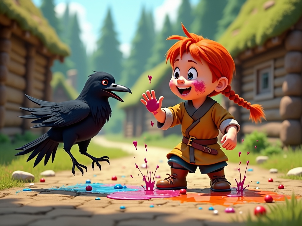 A Viking kid with bright red braids, creating a funny mess with paints or berries, getting it all over themselves and a pet raven.