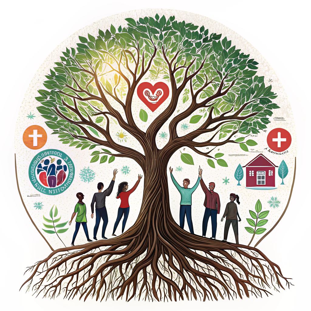 An image of a strong tree with deep roots formed by people standing together, branches reaching upwards holding symbols of community needs (housing, food, healthcare).