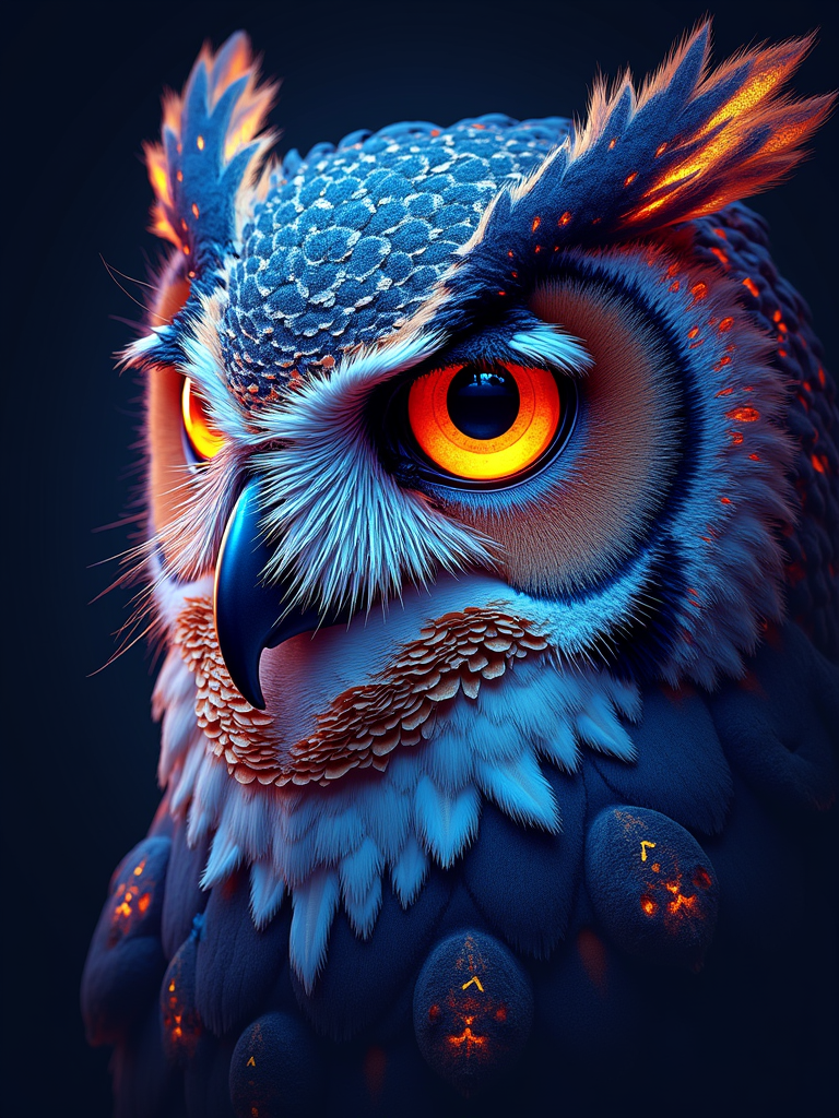 Focus on a close-up detail of a Kinetic Field stage, like a majestic owl's eye or a specific sculptural element renowned for its intricacy, rendered with high detail and glowing effects, possibly extending onto the sleeves.