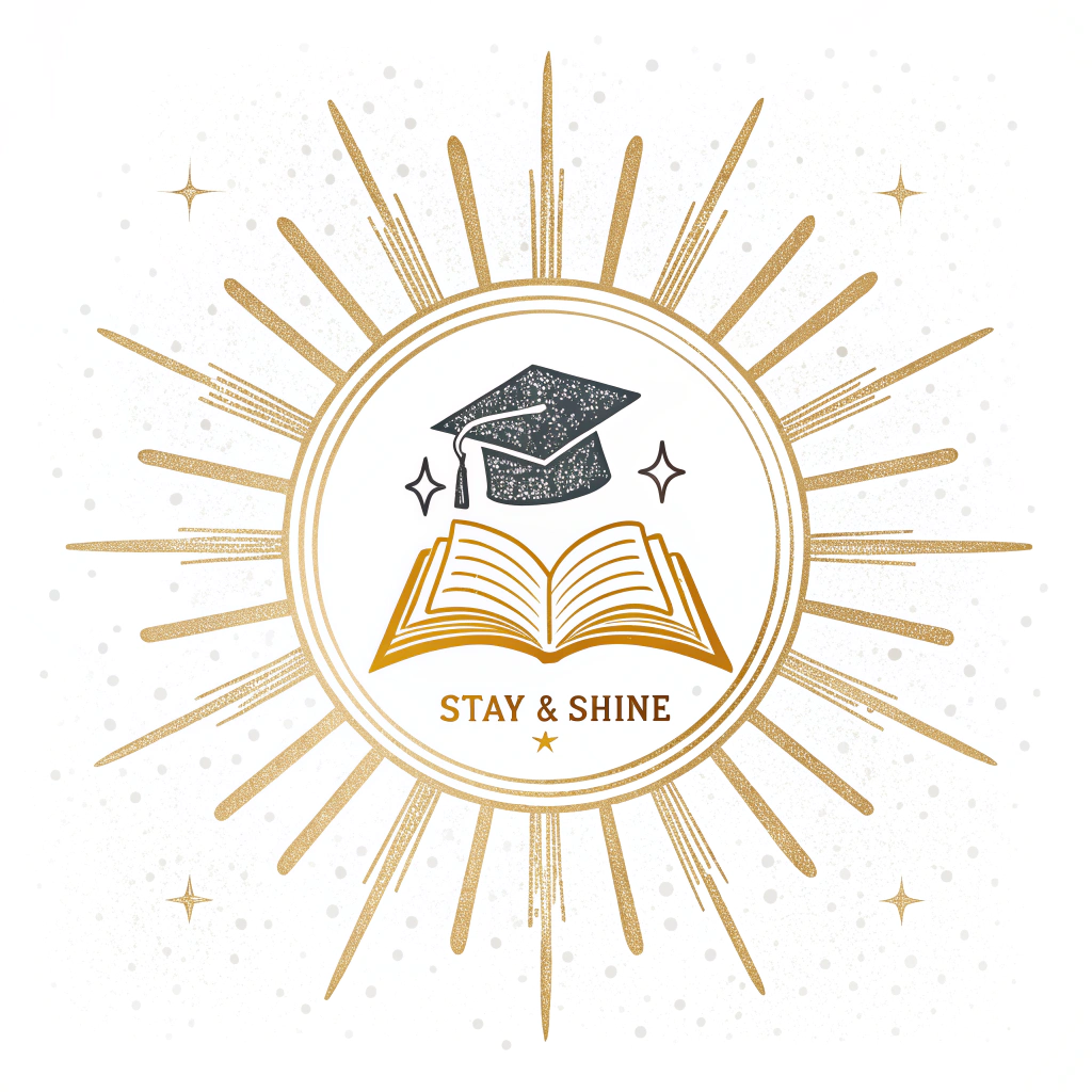 Simple Icon Idea - Sun Spark: A minimalist, radiant sun icon or a single bright spark. Could subtly incorporate a tiny book or graduation cap element within a ray, representing education. Designed for versatile use with the 'Stay & Shine' theme.