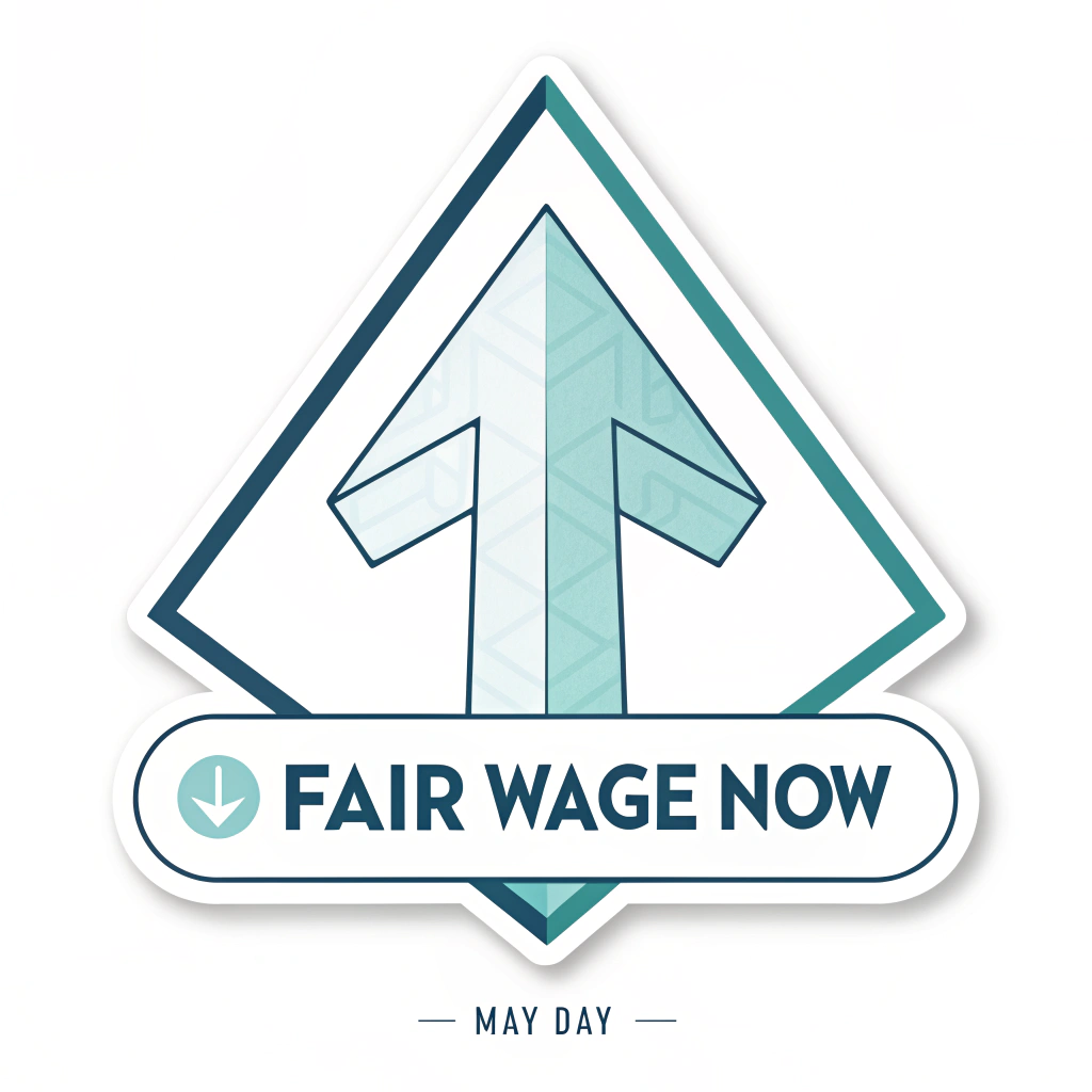 Minimalist Upward Arrow: A clean, geometric upward-pointing arrow symbolizing growth, with 'Fair Wage Now' typeset alongside or below. 'May Day' as small text.