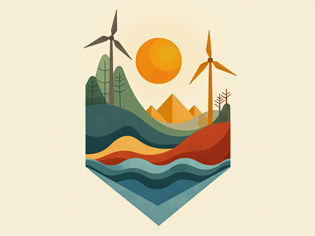 Geometric Harmony Collage: Deconstruct renewable energy symbols (wind arcs, solar triangles, water waves) into abstract geometric shapes. Arrange in a balanced, overlapping collage with an earthy palette and one bright accent.
