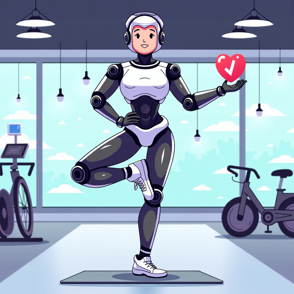  a robot in a gym. The robot is wearing a white and black suit with a helmet and headphones. It is standing on a black mat and is holding a red heart in its right hand. In the background, there are two exercise bikes and a large window with a view of the sky. The overall mood of the image is cheerful and playful.