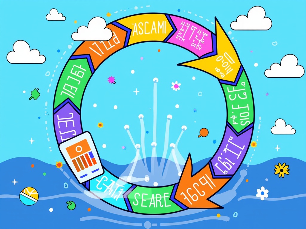 Designs depicting the circular economy in tech: illustrating code reusability, data recycling, and energy-efficient systems using visual metaphors like interconnected loops, flowing water, and regenerative natural cycles integrated with digital elements.
