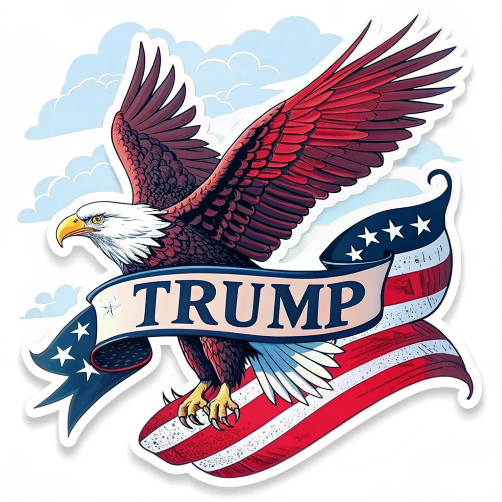 A sticker design showcasing a soaring eagle holding a banner with 'Trump' written in a patriotic font.