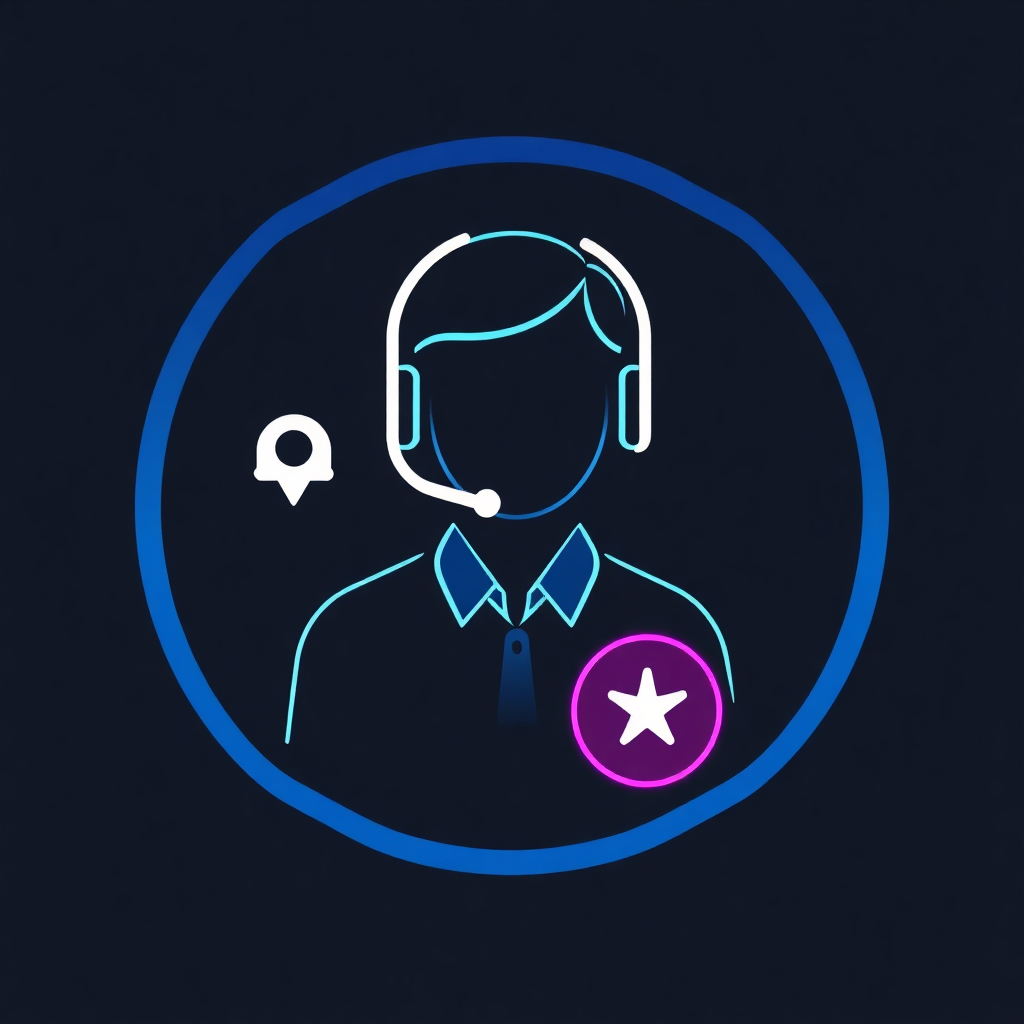 The image is a circular icon with a blue background. Inside the circle, there is a line drawing of a person wearing a headset with a microphone. The person is wearing a blue shirt and has a pink star on their chest. On the left side of the image, there are two speech bubbles, one white and one pink. The overall design is simple and minimalistic.