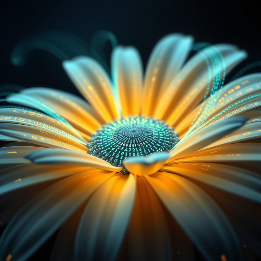 Data Stream Petals: Daisy petals reimagined as flowing streams of digital data or binary code, gracefully curving upwards. The 'dawn' aspect is visualized as these streams illuminating from a central light source or glowing as they form.