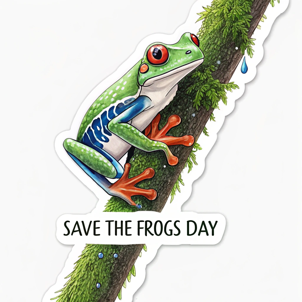 A hyper-realistic illustration of a Red-eyed Tree Frog clinging vertically to a mossy branch, with water droplets visible. Text 'Save The Frogs Day' in a clean font below.