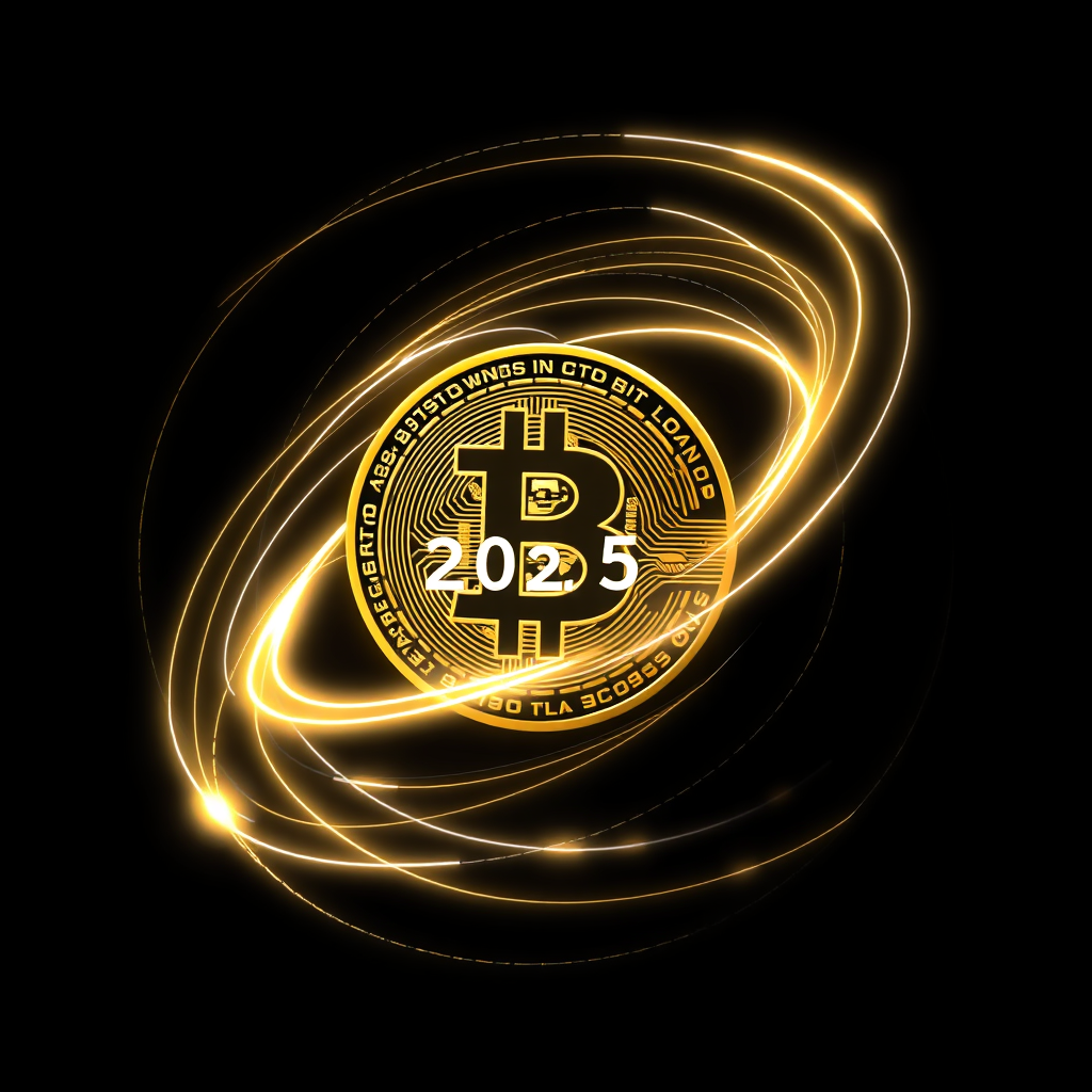 Sub-Design Idea 2: 'Orbital Momentum' - A central Bitcoin 'B' with abstract orbital paths or light trails sweeping around it, suggesting continuous movement and global reach. '2025' can be embedded within one of these trails or as a focal point the trails are moving towards.
