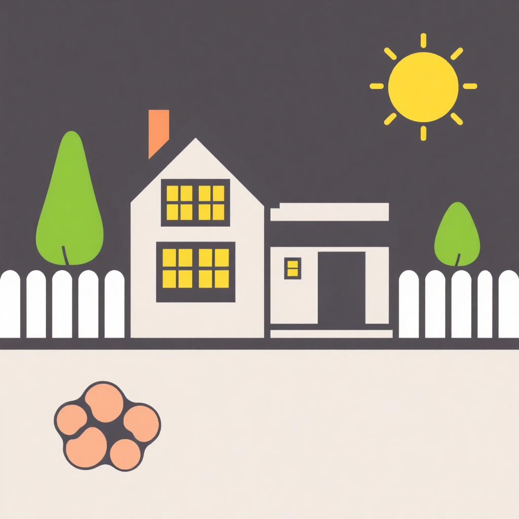 The image is an illustration of a house with a white picket fence in front of it. The house has a sloping roof and a chimney on the left side. There are two trees on either side of the house, one on the right side and one in the center. The sun is shining brightly in the top right corner of the image. The background is a light grey color. In the bottom right corner, there is a small orange paw print. The overall style of the illustration is flat and minimalistic.