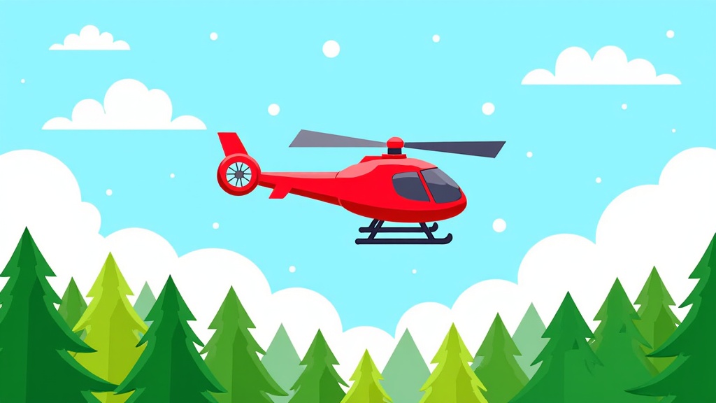  a red helicopter flying over a green forest. The sky is blue with white clouds scattered throughout. The helicopter is in the center of the image, with its body facing towards the right side of the frame. It has two rotors, one on each side, and a small propeller at the front. The trees below the helicopter are tall and green, with a few smaller ones scattered around. The overall scene is peaceful and serene.