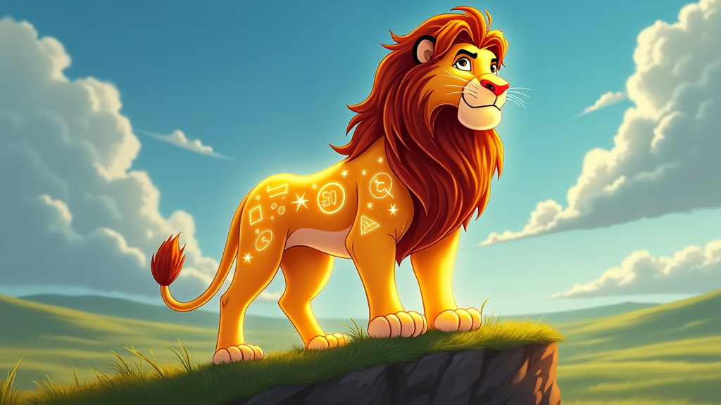 A lion with magical symbols on its fur or body.