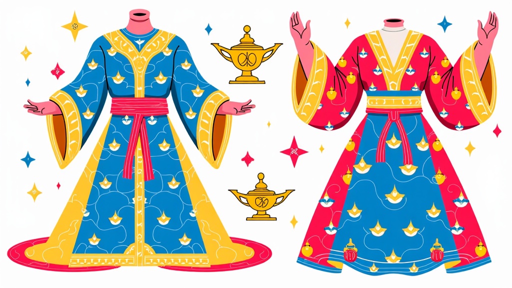Focus on specific tales: Create textile patterns and costumes directly inspired by characters and key objects from a single Arabian Nights story, like 'Aladdin's Lamp' with genie motifs and lamp-shaped clasps, or 'Ali Baba and the Forty Thieves' with cave-inspired textures and hidden pocket details in costumes.