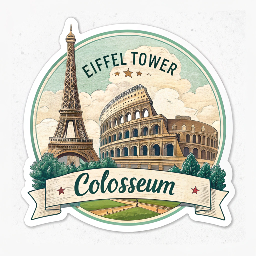 A sticker with the slogan in a vintage style, reminiscent of old travel posters, with iconic European landmarks in the background.