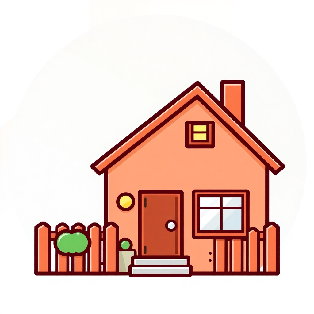 The image is an illustration of a small house with a red roof and a chimney. The house has a brown door and a small window on the right side. There is a wooden fence on the left side of the house and a green apple on the ground in front of it. The background is white. The image is in a flat, cartoon-like style.