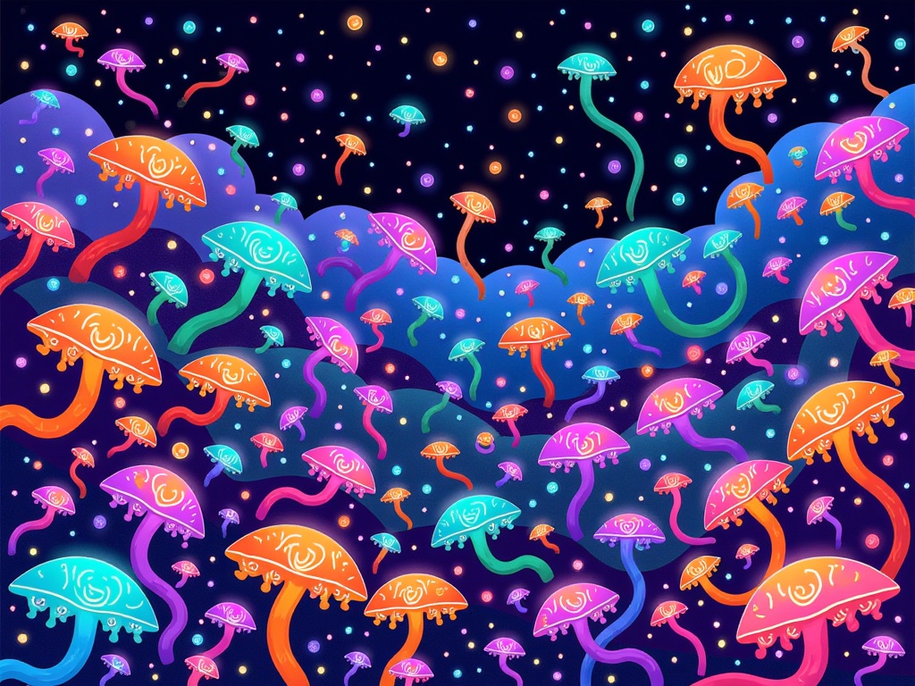 Sub-design idea 1: 'Alien Micro-Gardens' - AI-generated visuals of fantastical, bioluminescent bacteria and protists in vibrant, otherworldly microscopic ecosystems.