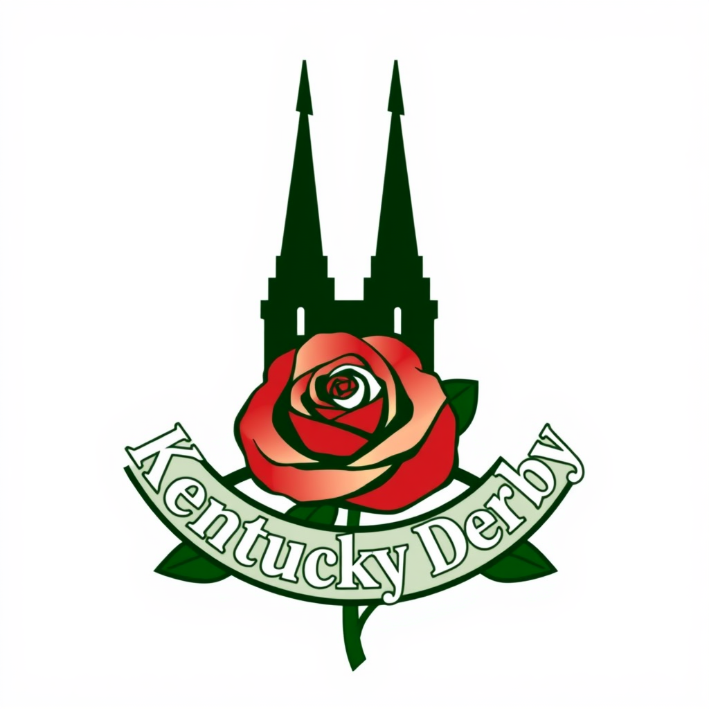 Spires and Rose Emblem: The Twin Spires silhouette combined with a prominent rose (or multiple roses, for 'Run for the Roses') to form a cohesive emblem. The text 'Kentucky Derby' could be incorporated into a circular or shield-like design. Color palette: rich reds, greens, golds, and white.