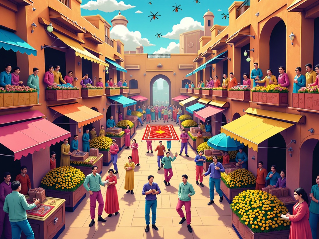 Rooftop Rhapsody over the Souk: A perspective from above, looking down onto the chaotic, colourful tapestry of the souk. Show the awnings of different stalls, the throng of people moving like ants, and goods spilling out into the narrow alleyways. A flying carpet with a passenger could be subtly woven into the scene, or a wisp of magical smoke rising from an unseen courtyard.