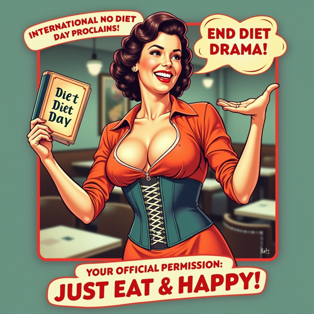 Design 4: Retro Liberation. A vintage-inspired design, like a public service announcement poster from the 50s or 60s. It could feature a smiling person shrugging off a 'Diet Book' or a restrictive corset, with text like: 'International No Diet Day Proclaims: End Diet Drama! Your Official Permission: Just Eat & Be Happy!' Use retro fonts and color palettes.