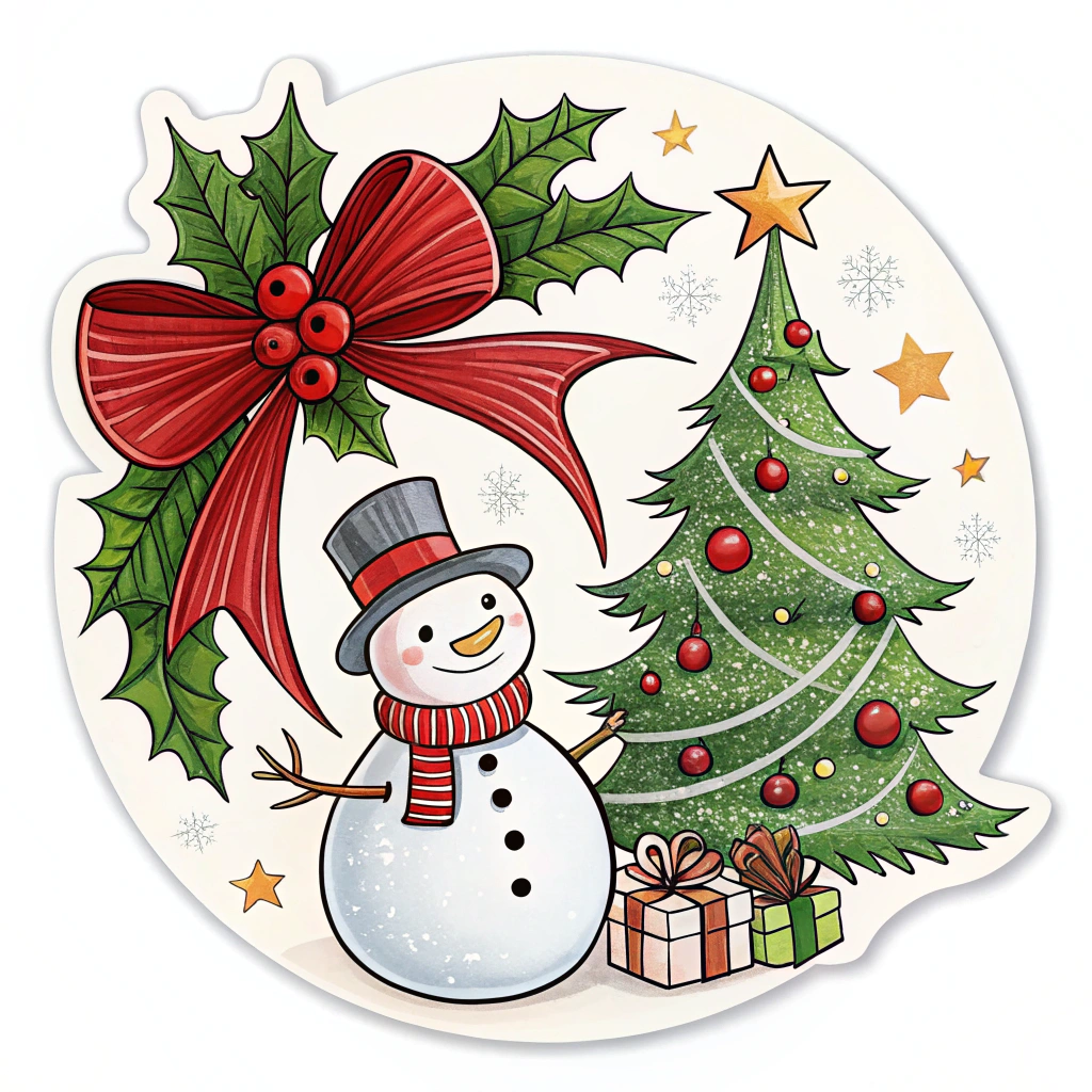 The image shows a snowman standing next to a Christmas tree adorned with holly leaves, a bow, and gift boxes. The snowman is wearing a festive hat and scarf, and the tree is decorated with colorful ornaments and lights. The background is a bright white, making the colors of the snowman and tree stand out.