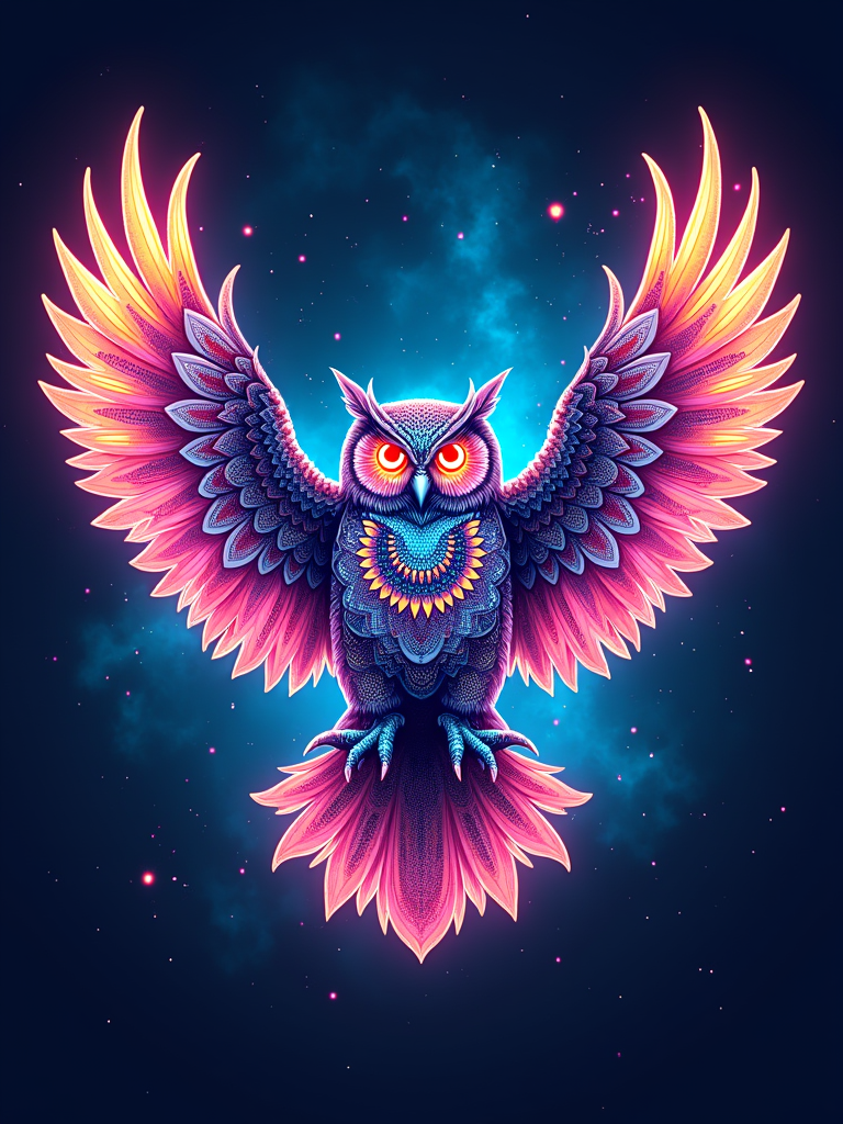 T-Shirt Idea 3: Featuring the iconic Electric Daisy Carnival owl with wings spread wide, adorned with intricate glowing mandala patterns on its feathers. The background showcases an 'electric sky' with aurora-like light effects and a subtle radiating glow emanating from the owl.