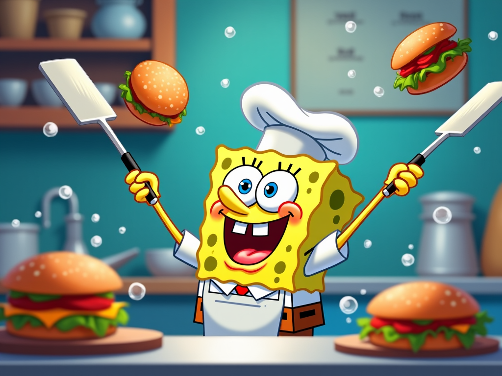 SpongeBob joyfully flipping Krabby Patties in the Krusty Krab kitchen, with spatulas flying in the air, and a big grin on his face.