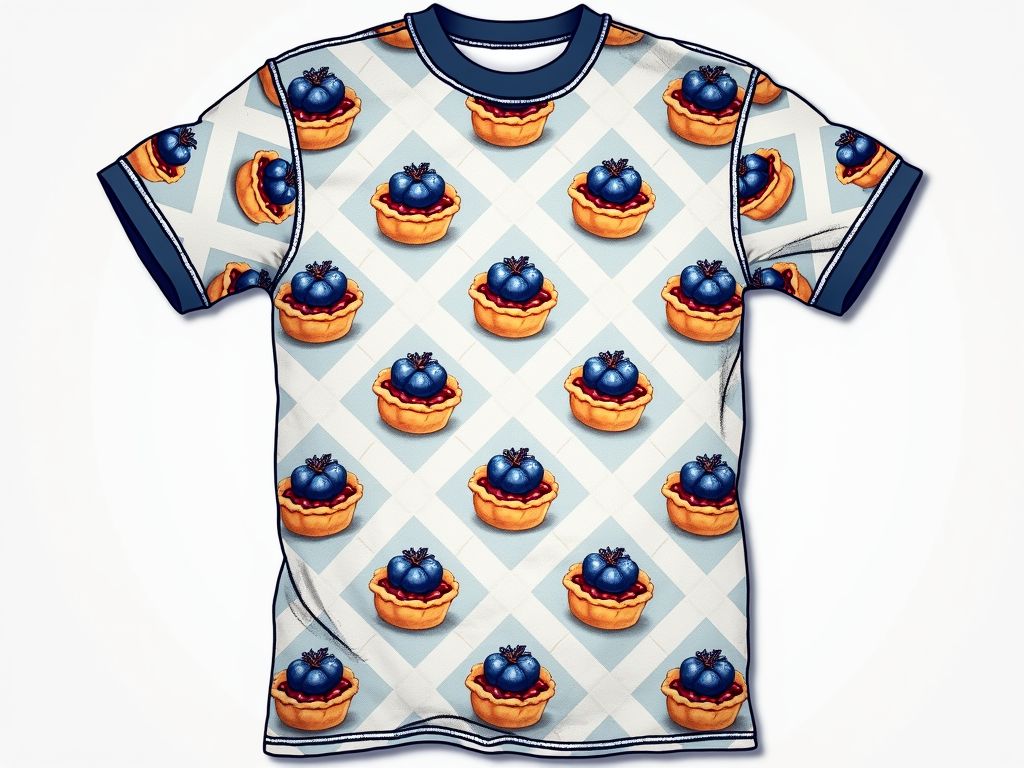 A repeating pattern design covering the shirt, alternating detailed lattice squares with illustrations of plump blueberries or small pie slices.