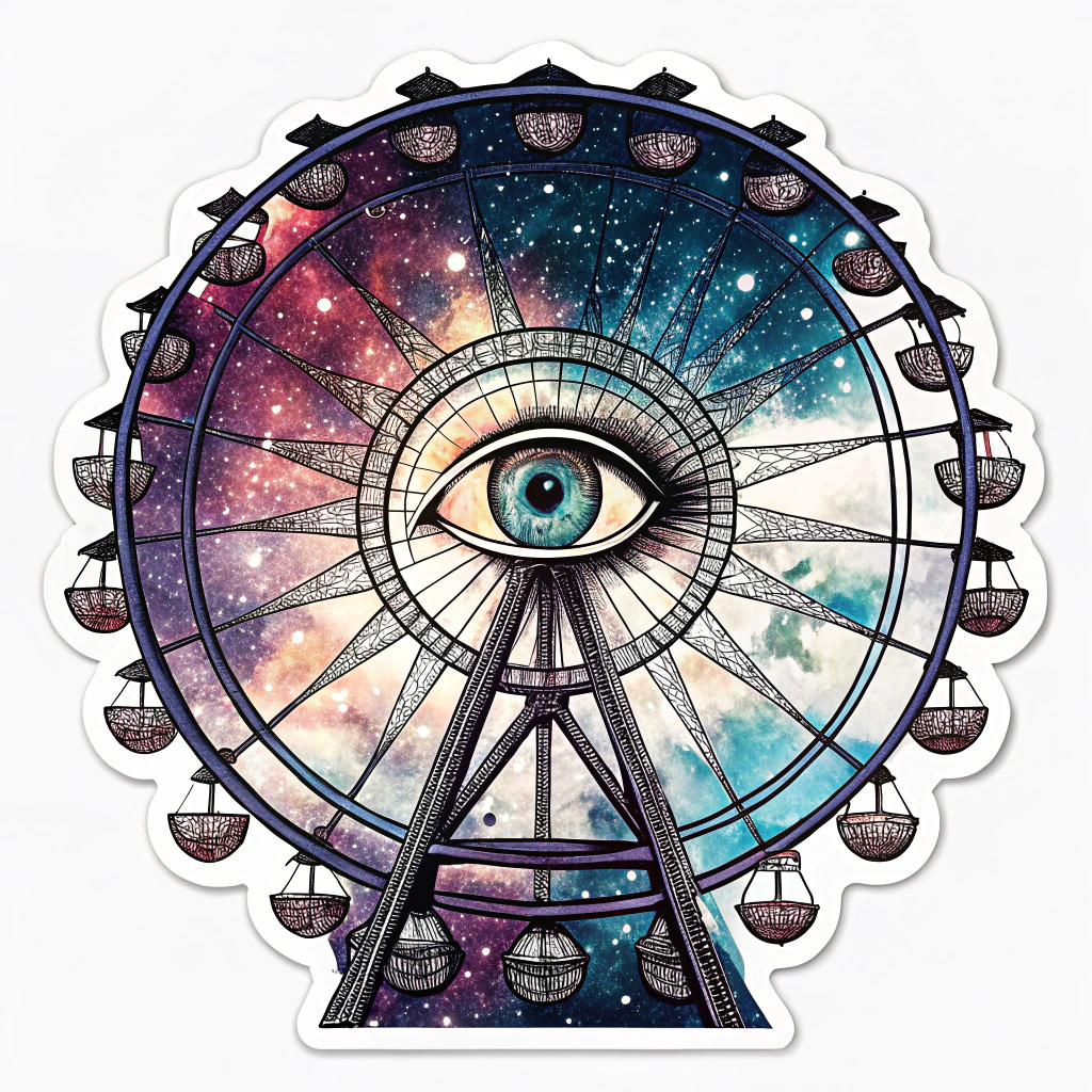 Cosmic Eye Wheel: A surreal design where the Ferris wheel forms the iris of a giant, stylized eye. The central hub of the wheel acts as the pupil, with spokes radiating outwards. The 'sky' (forming the sclera and surrounding details) is filled with cosmic imagery like nebulae, distant stars, and electric currents, all in vibrant, otherworldly colors.