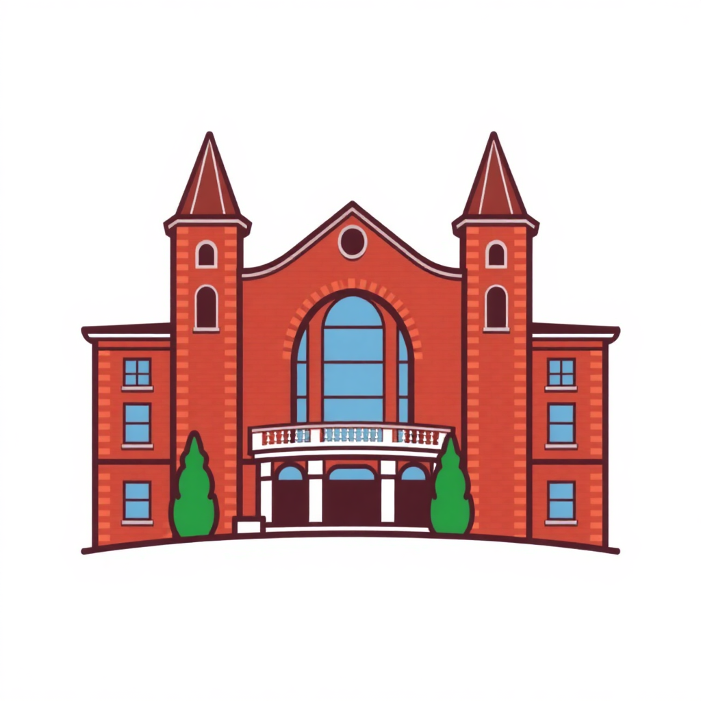 The image is an illustration of a red brick building with two towers on either side. The building has a large arched window in the center with a blue glass door. Above the window, there is a balcony with a white railing. The balcony is flanked by two small trees on either end. The roof of the building has two pointed towers with arched windows. The overall style of the illustration is flat and cartoon-like.