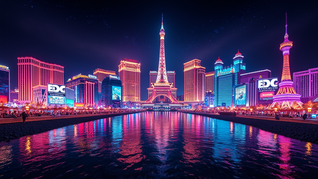 Glitch Art Skyline with Bold Text: The Las Vegas skyline rendered in a glitch art or pixelated style, reflecting the digital nature of EDC. Bold text like 'EDC Las Vegas' or 'Under the Electric Sky' is overlaid or integrated, possibly with its own glitch effect, against an electric night backdrop.