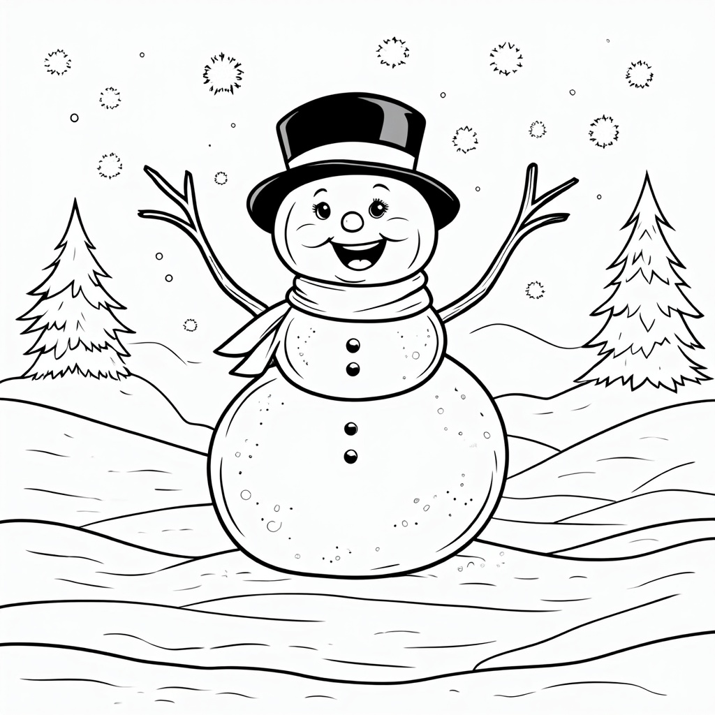 The image shows a snowman with a top hat and scarf standing in the snow, surrounded by trees and snowflakes. The snowman is sketched in black and white, making it a perfect Christmas coloring page for kids.