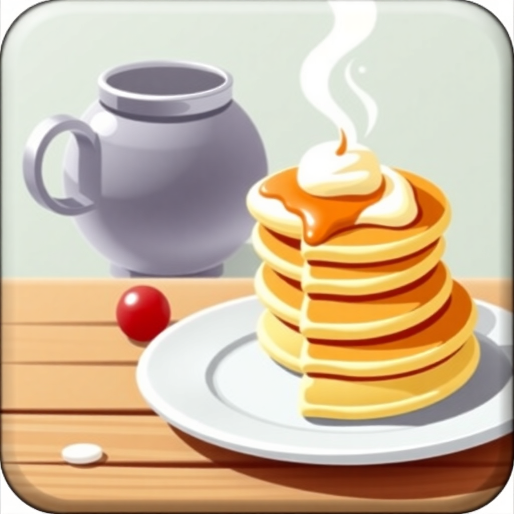 The image is a digital illustration of a stack of pancakes on a white plate. The pancakes are golden brown and appear to be freshly made. On top of the stack, there is a dollop of whipped cream and a drizzle of caramel sauce. Next to the plate, there are two red berries and a small white pill. In the background, there appears to be a gray teapot. The overall color scheme of the image is warm and inviting.